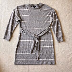 Topshop Women's 10 Knit Gray White Striped Tie Waist Dress Cozy
